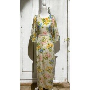 Vintage 70s Prairie Dress Size L-XL Floral Maxi Kimono Garden Cottage Tie Waist